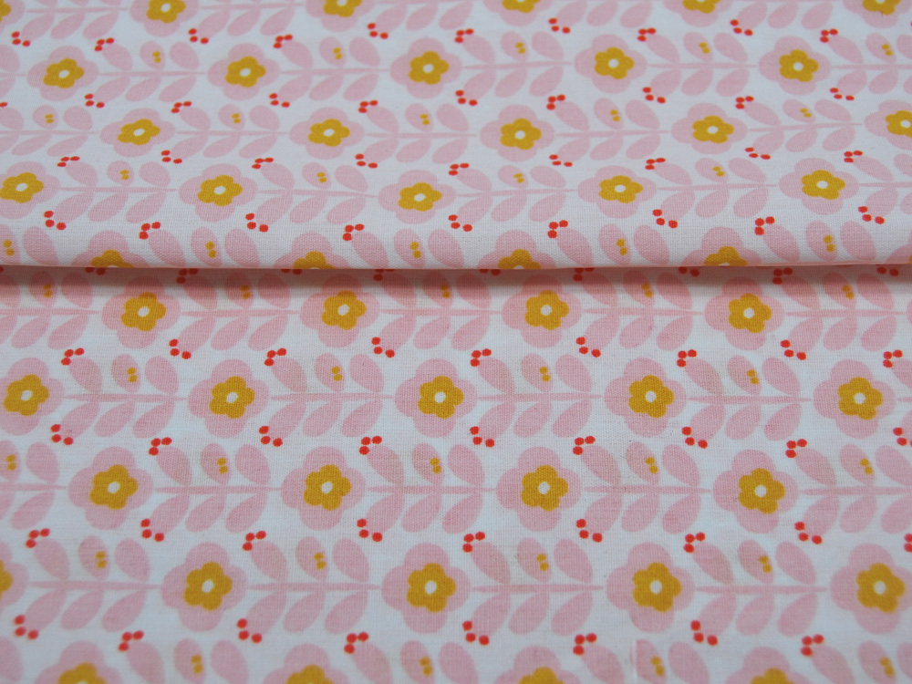 Beschichtete Baumwolle - Graphic Flower - Blumen in Rosa-Senf auf Weiß 05 m 2