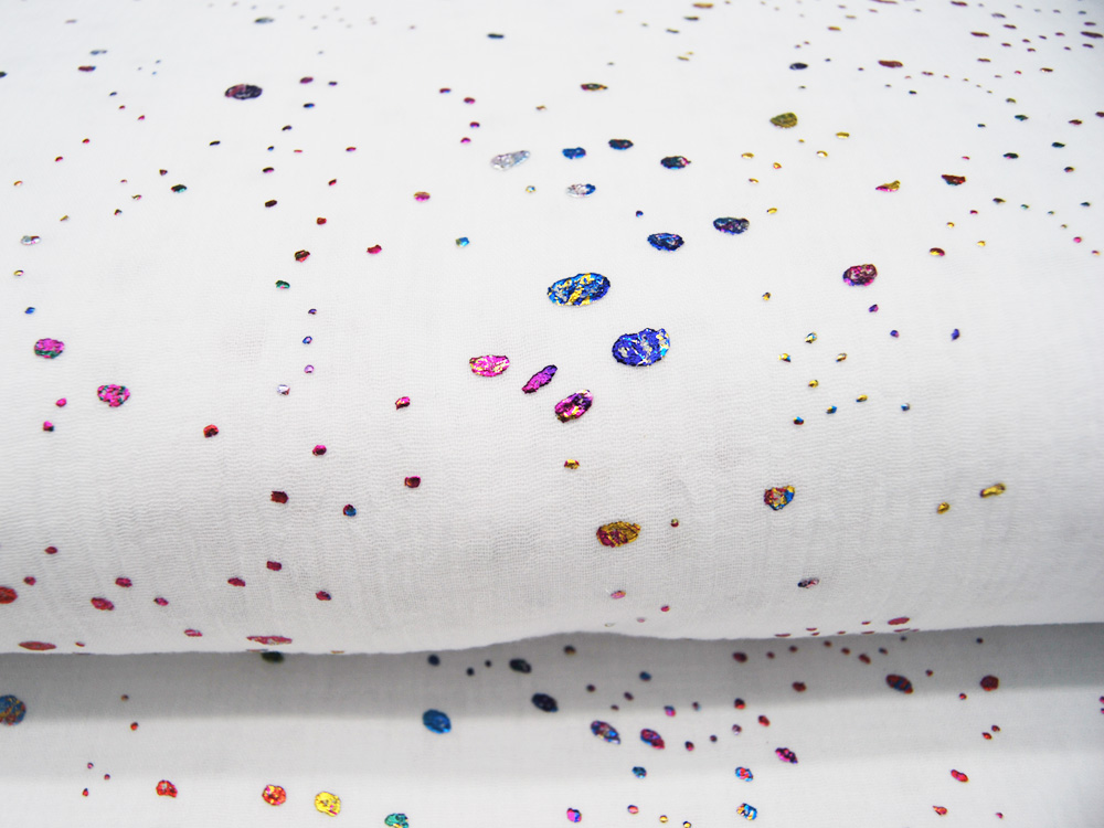 Musselin - Multicolour Foil - Dots - Bunter Glitzer auf Weiß 05 m