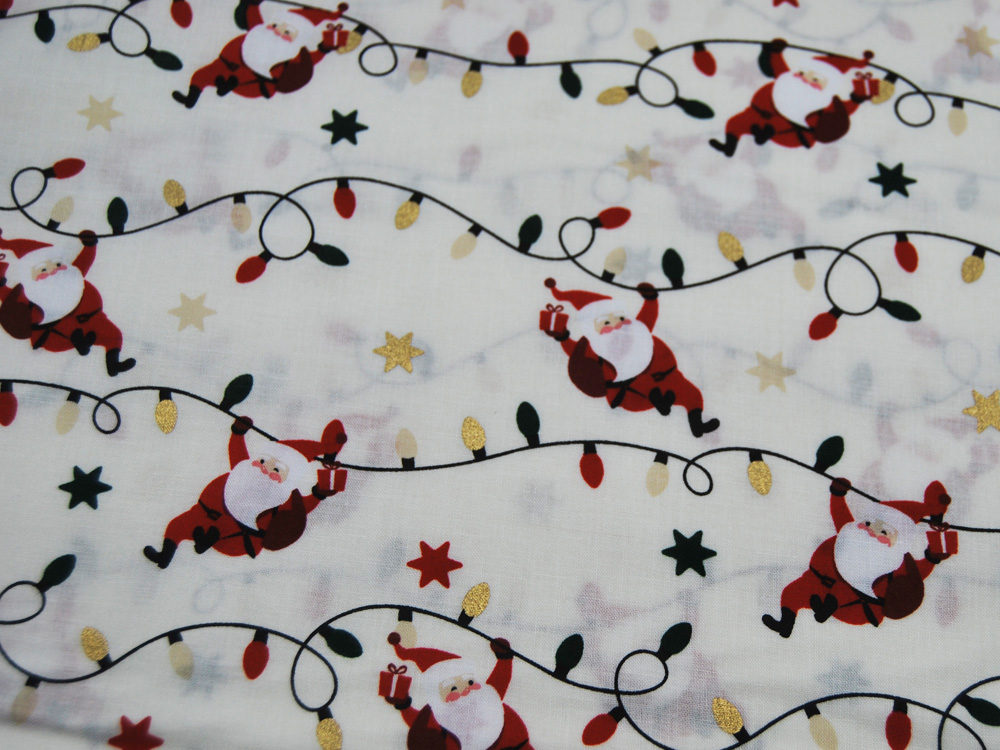 Baumwolle - Weihnachtsmänner und Lichterkette auf Weiß - 05m 4