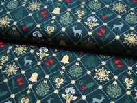 Baumwolle Popeline - Weihnachtliche Motive auf Dunkelgrün mit Gold - 0.5m
