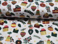 Baumwolle Popeline - Geschenke und Baumschmuck - Weihnachtliche Motive auf Weiß - 0.5m 5