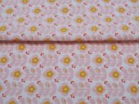Beschichtete Baumwolle - Graphic Flower - Blumen in Rosa-Senf auf Weiß 0,5 m 2