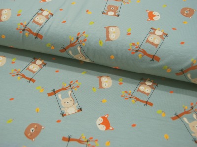 Jersey - Owls and Bears - Waldtiere auf Dusty Green - 05 Meter