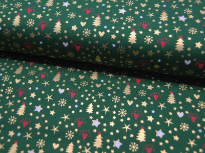 Baumwolle Popeline - Weihnachtliche Motive in Gold und Rot auf Dunkelgrün - 0.5m