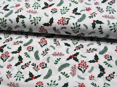 Baumwolle Popeline - Mistelzweige - Weihnachtliche Motive auf Weiß - 0.5m