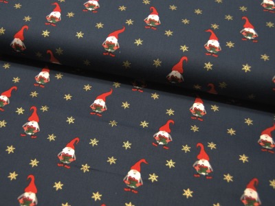 Baumwolle Popeline - Wichtel mit Geschenk - Weihnachtliche Motive auf Dunkelblau - 0.5m