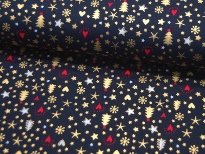 Baumwolle Popeline - Weihnachtliche Motive in Gold und Rot auf Dunkelblau - 0.5m