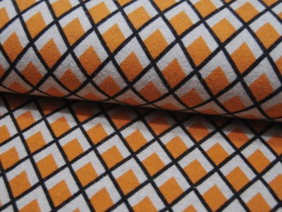 Bio - Baumwoll Jacquard-Jersey - Graphisches Muster in Orange-Creme-Schwarz 0,5m