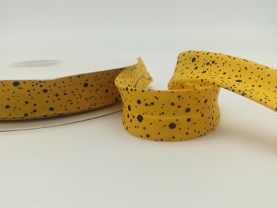 Schrägband 1 Meter Senfgelb mit kleinen schwarzen Punkten - 2 cm breites Schrägband