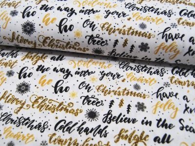 Baumwolle - Kim - weihnachtliche Schriftzüge auf Weiß - 0,5m