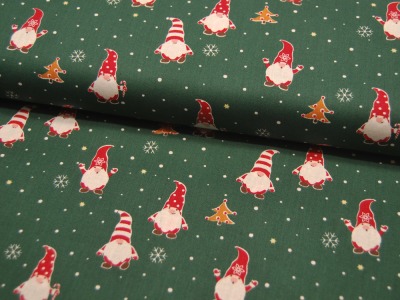 Baumwolle Poplin - Weihnachten - Gnomes - Wichtel auf Grün - 0.5m