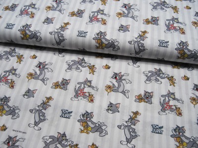 Baumwolle - Lizenz - Tom und Jerry auf Weiß-Hellgrau gestreift 0,5m
