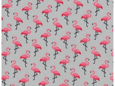 Beschichtete Baumwolle Flamingo auf Grau 50 x 150cm