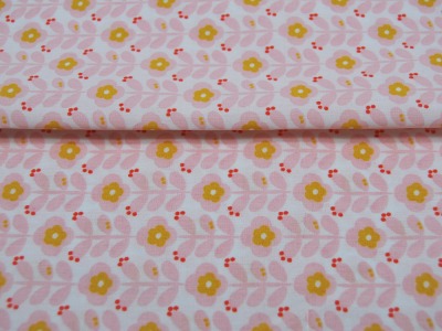 Beschichtete Baumwolle - Graphic Flower - Blumen in Rosa-Senf auf Weiß 0,5 m