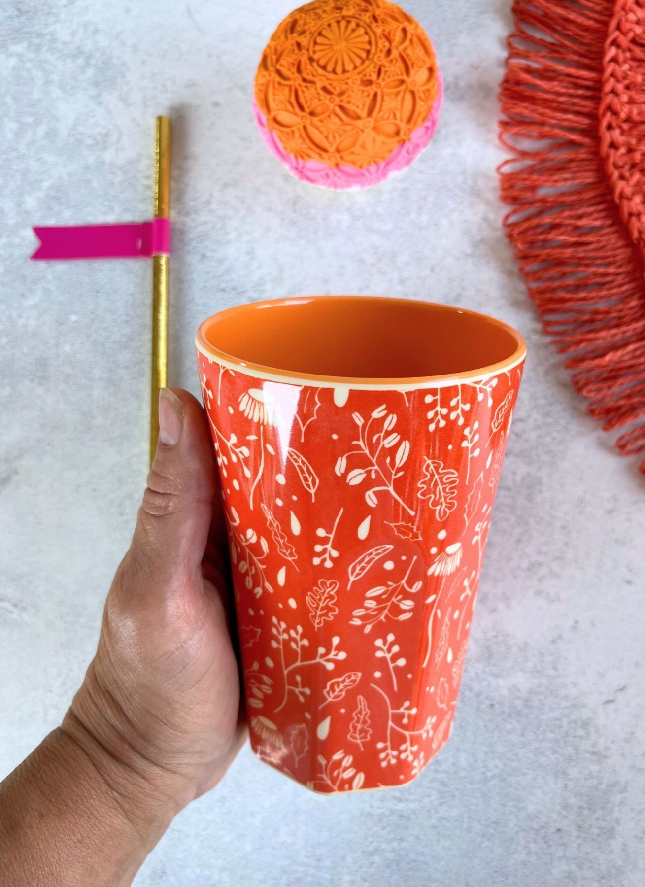 RICE | Latte-Becher | Blumen auf orange| innen orange 2