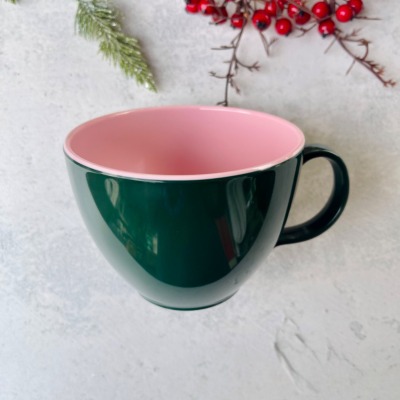 RICE | Jumbo Tasse | mit Henkel | dunkelgrün innen rosa - Diesen tollen Melamin Becher kannst Du