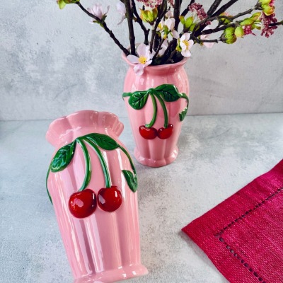 RICE | Vase | Keramik | rosa mit gelben 3D Kirschen - Wunderschöne handgearbeitete Vase mit 3D