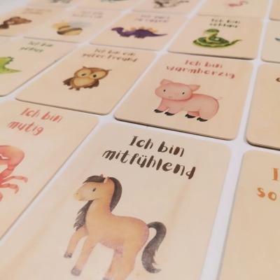 7er Pack Affirmationskarten aus Holz für Kinder - 7 Motive aus 42 nach Wahl