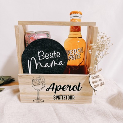 Geschenkbox aus Holz mit Spruch Aperol - Inclusive Filz Untersetzer mit verschiedenen Texten zur