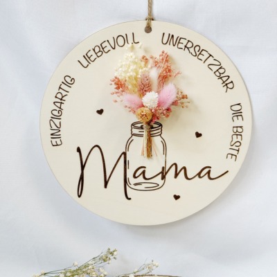 Mama Holzschild mit Trockenblumen - Hängend