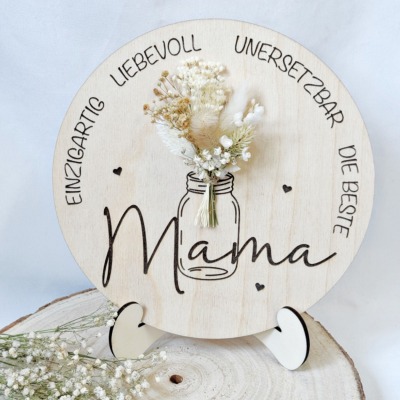 Mama Holzschild mit Trockenblumen - Mit Bildhalter