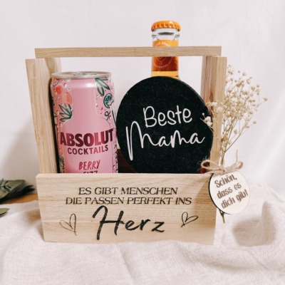 Geschenkbox aus Holz mit Spruch - Inclusive Filz Untersetzer verschiedene Texte &amp; Geschenk