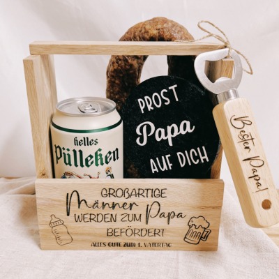 1 Vatertag Geschenkbox aus Holz - Inclusive Bieröffner &amp; Filz Untersetzer / verschiedene