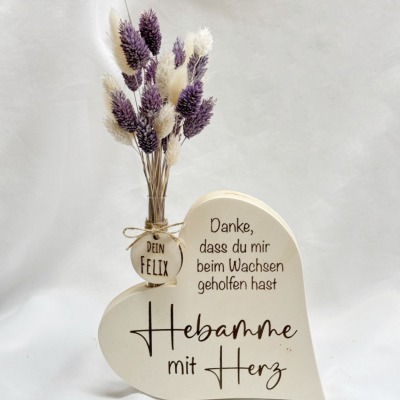 Hebamme Geschenk Holz Herz - Verschiedene Trockenblumen