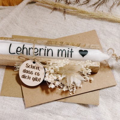 Geschenkset Kerze mit Holz Box - Lehrerin mit Herz