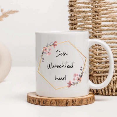 Tasse mit Blumen Kranz Gold &amp; Wunschtext