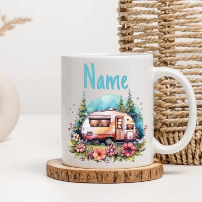 Tasse Camping personalisiert - Mit Name in Blau oder Rosa