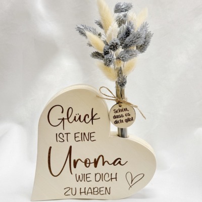 Uroma Geschenk Holz Herz - Verschiedene Trockenblumen