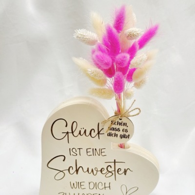 Schwester Geschenk Holz Herz - Verschiedene Trockenblumen