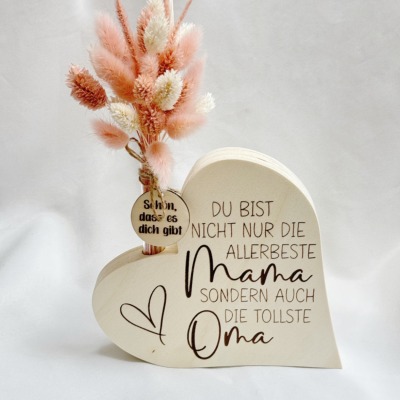 Mama Oma Geschenk Holz Herz - Verschiedene Trockenblumen