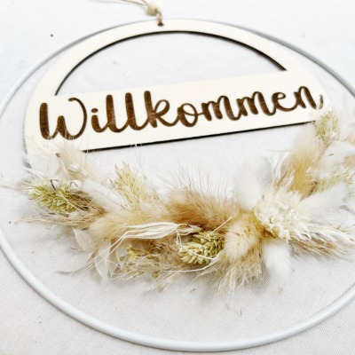 Türkranz willkommen Schild Holzkranz Trockenblumen