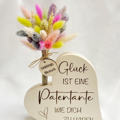 Patentante Geschenk Holz Herz - Verschiedene Trockenblumen