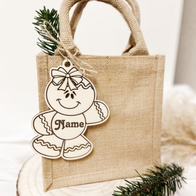 Holz Anhänger Lebkuchen Mädchen personalisiert mit oder ohne Jute Tasche