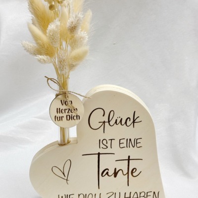 Tante Geschenk Holz Herz - Verschiedene Trockenblumen