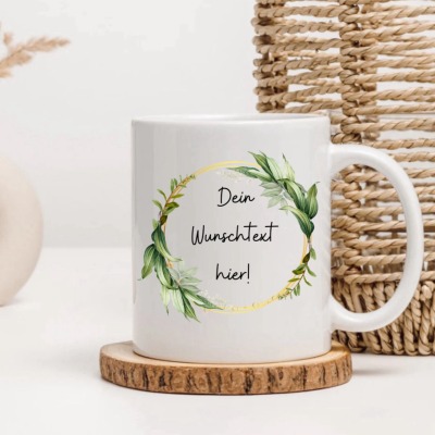 Tasse mit Eukalyptus Kranz Gold &amp; Wunschtext