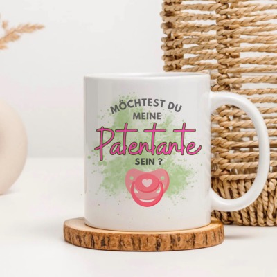 Tasse Möchtest du meine Patentante sein - Schnuller in Rosa oder Blau