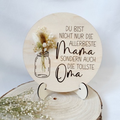 Mama / Oma Holzschild mit Trockenblumen - Mit Bildhalter