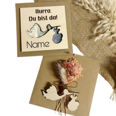 Geld Geschenk Karte mit Namen Geburt Storch, Hurra ....