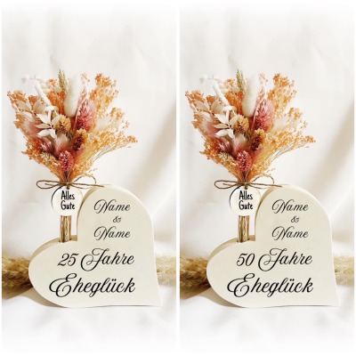 Silberhochzeit / Goldene Hochzeit Geschenk Holz Herz - Verschiedene Trockenblumen