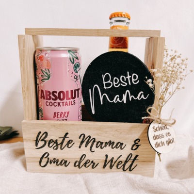 Geschenkbox aus Holz mit Spruch Beste Mama &amp; Oma der Welt - Inclusive Filz Untersetzer