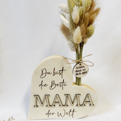 Mama 3D Geschenk Holz Herz - Verschiedene Trockenblumen