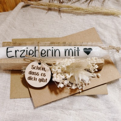 Geschenkset Kerze mit Holz Box - Erzieherin mit Herz