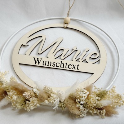 Holzloop mit Name/ Namen &amp; Wunschtext - mit Metallring/ Trockenblumen / Geschenk für jeden Anlass