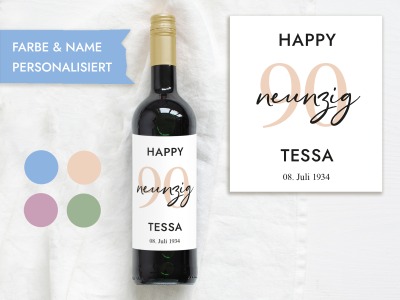 90 Geburtstag Geschenk | Personalisiertes Flaschenetikett - Wein Flaschen Etikett | Weinlabel Happy