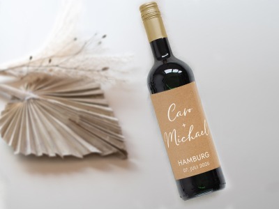 Flaschenetikett Hochzeit, Hochzeitswein - Personalisiertes Weinlabel im KRAFTPAPIER BOHO Design