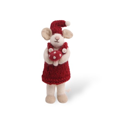 Maus aus Filz mit roter Mütze und Kleid PILZ - handgefilzt - fairer Handel Handarbeit